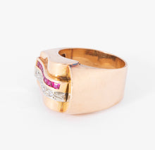 Charger l'image dans la galerie, Bague tank en or rose,diamant et rubis  de synthèses