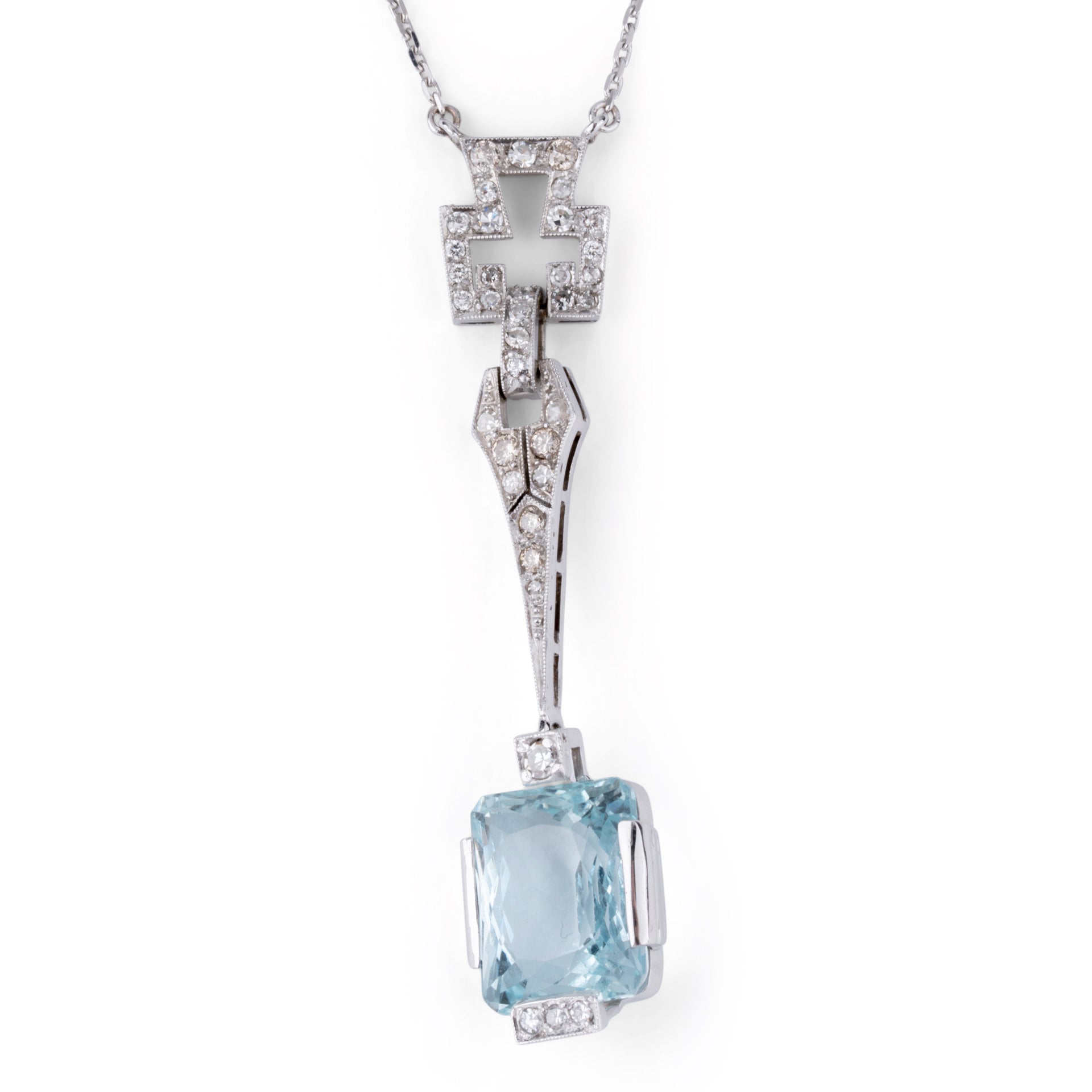 Collier Art Déco en platine orné d'une aigue marine