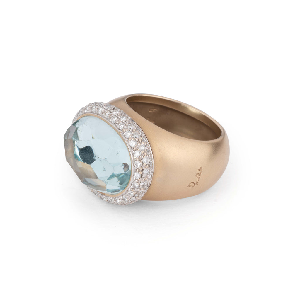 Bague or rose sablé signée de la maison italienne Pomellato ornée d'une aigue marine