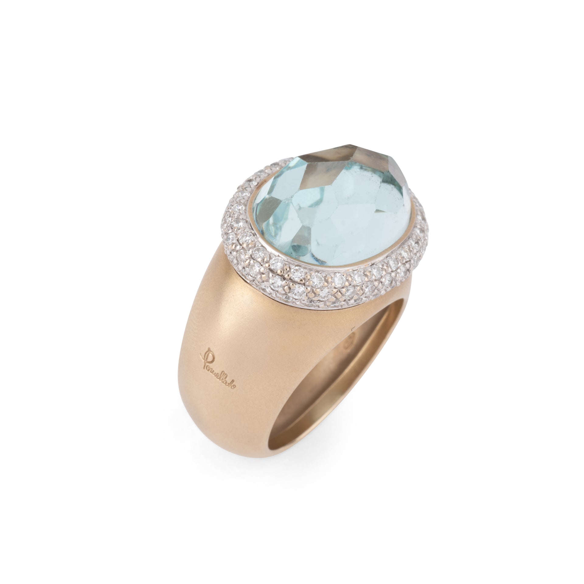 Bague or rose sablé signée de la maison italienne Pomellato ornée d'une aigue marine