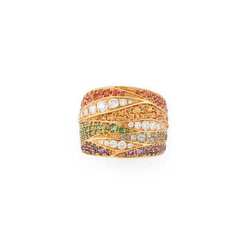 Bague bandeau or jaune entourée de pierres de couleurs