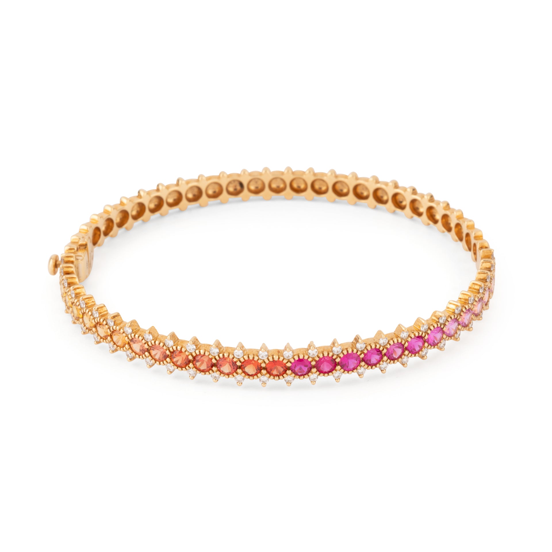 Bracelet rigide ouvrant en or rose ornée de saphirs multicolores