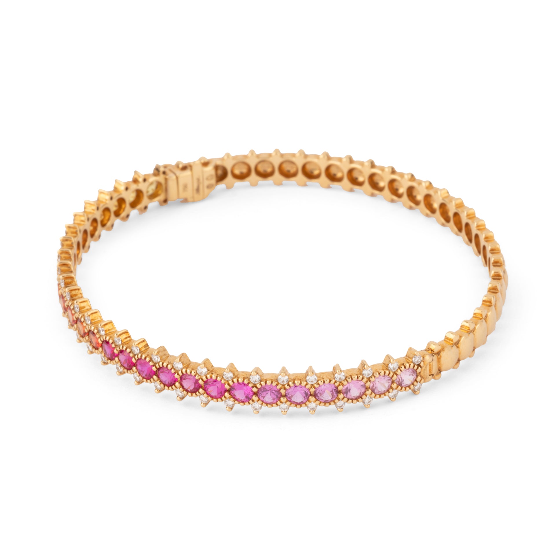 Bracelet rigide ouvrant en or rose ornée de saphirs multicolores