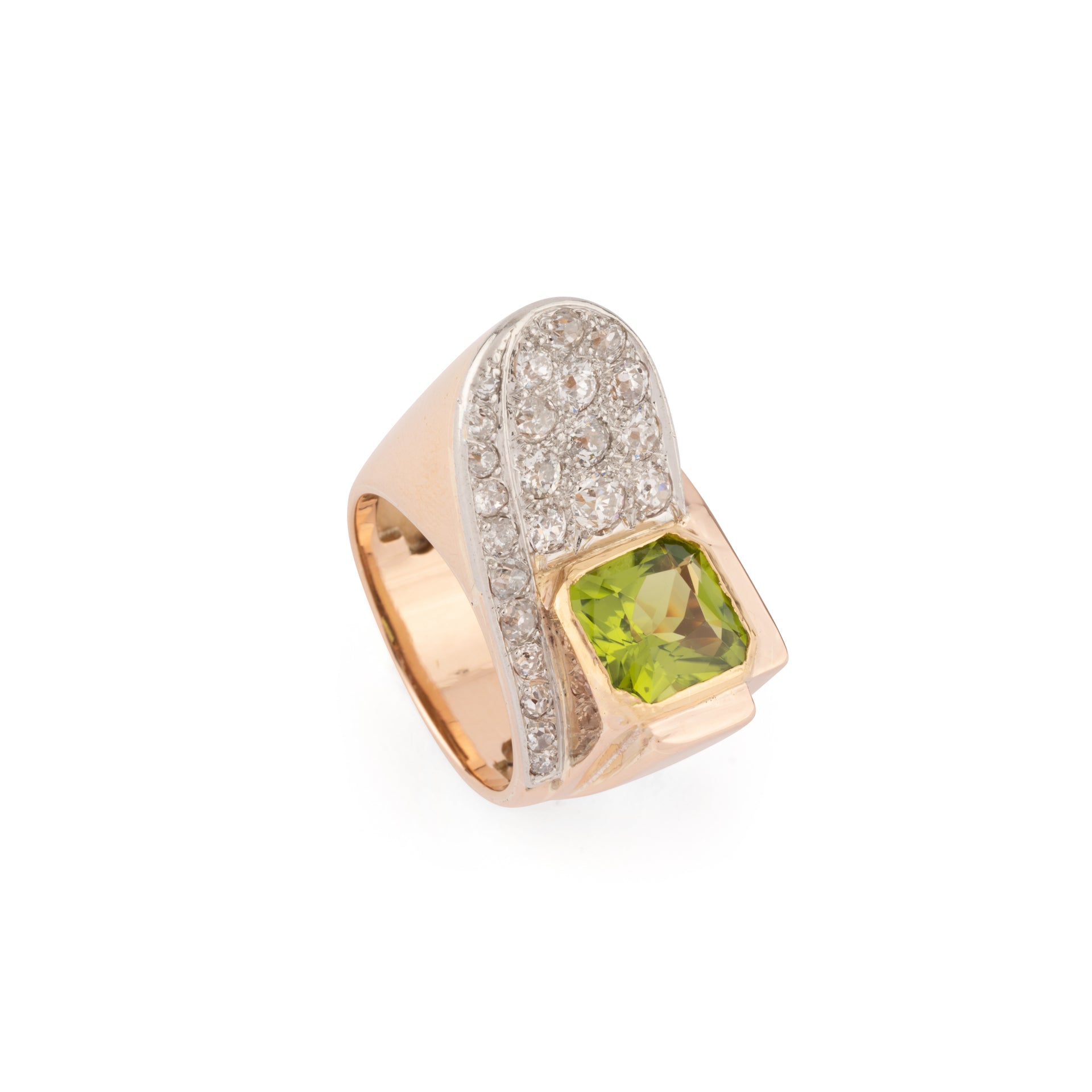 Bague tank or rose et platine en diamant et péridot