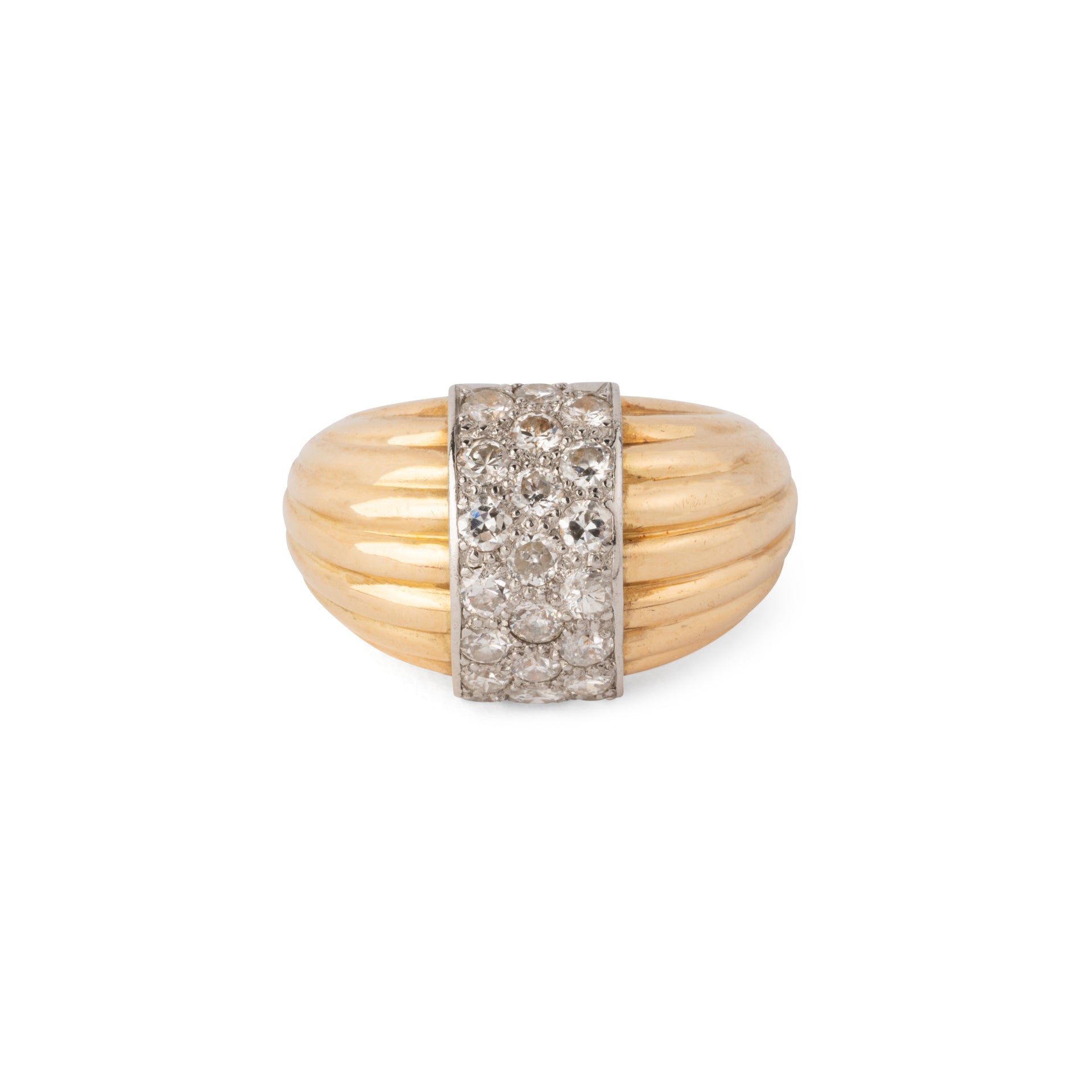 Bague  or jaune et platine godronnée diamant