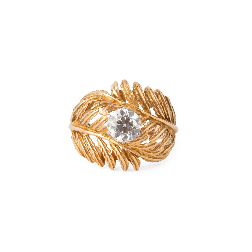 Bague en or jaune en forme de plume ornée d'un solitaire