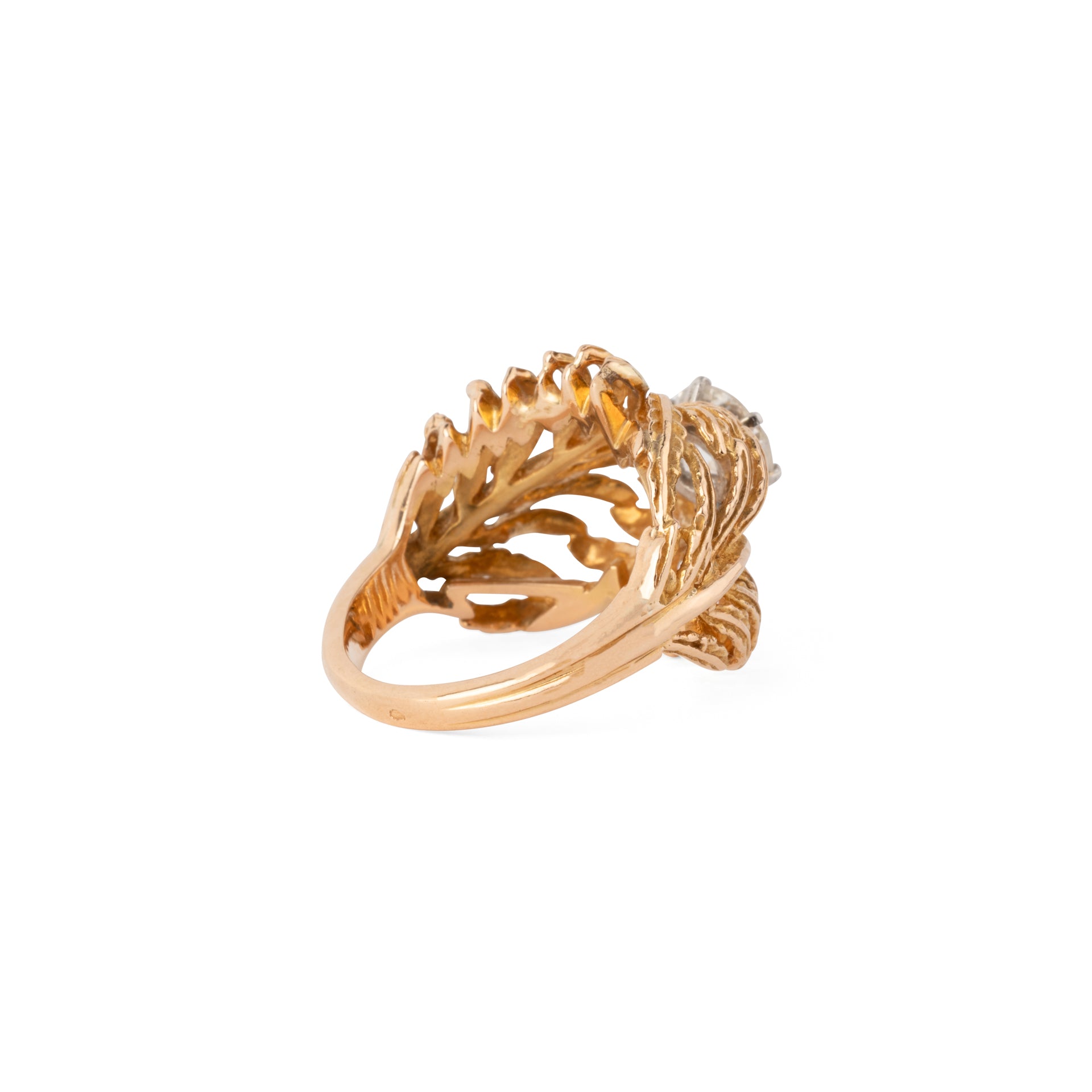 Bague en or jaune en forme de plume ornée d'un solitaire