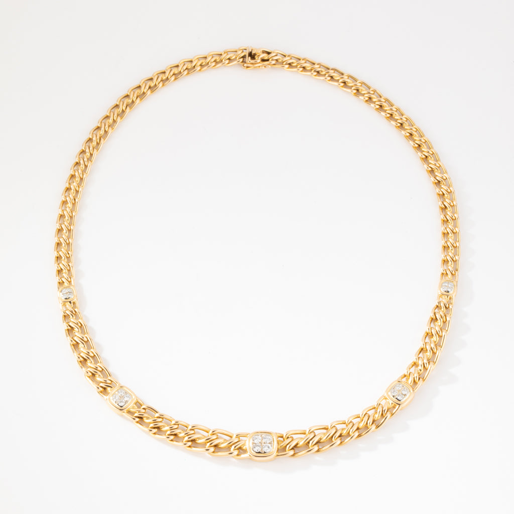 Collier or jaune maille gourmette intercalé de maillon en  diamant