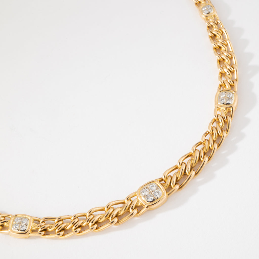 Collier or jaune maille gourmette intercalé de maillon en  diamant