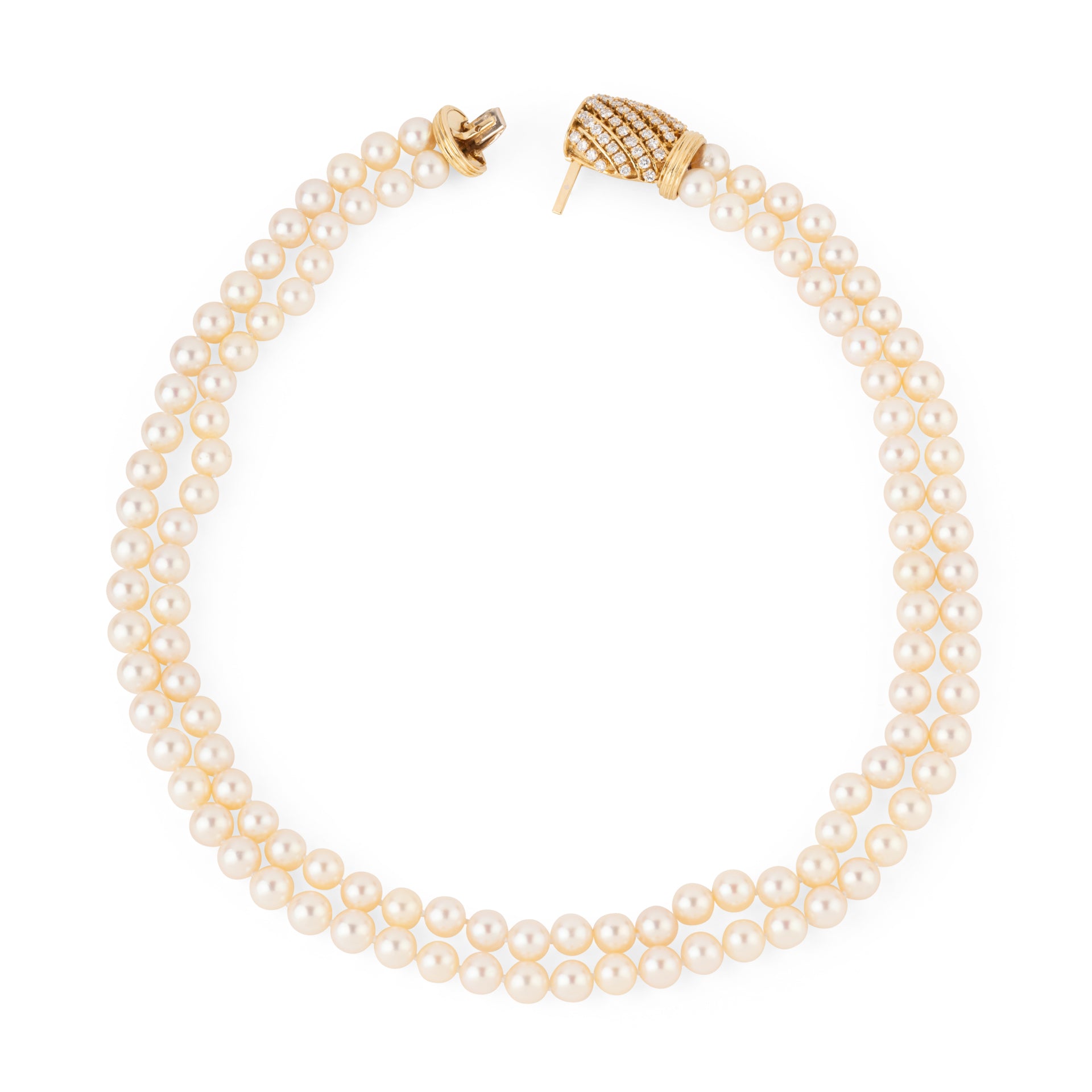 Double strand Akoya cultured pearl necklace with a gold and diamond clasp