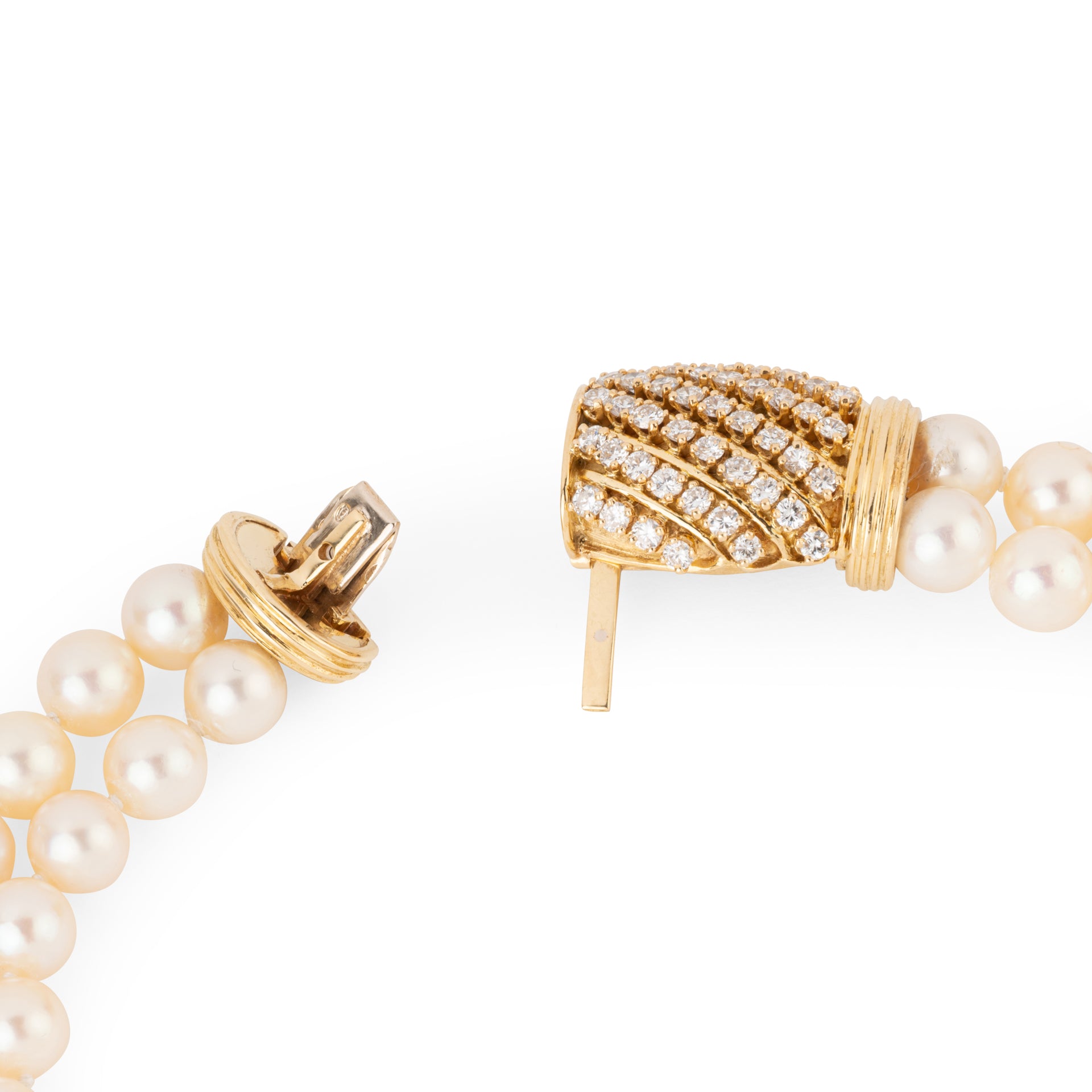 Double strand Akoya cultured pearl necklace with a gold and diamond clasp