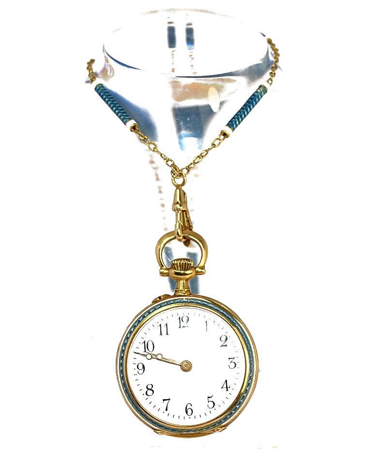 Montre à gousset or jaune 18kt  émaillée avec sa chaîne datant de 1900-1910 - adalgyseboutique