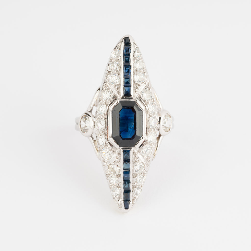 Bague marquise en diamant et saphir