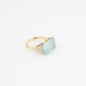 Bague aigue marine lactée et diamant sur or jaune