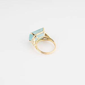 Bague aigue marine lactée et diamant sur or jaune