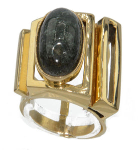 Bague géométrique or jaune ornée d'une agate mousse - adalgyseboutique