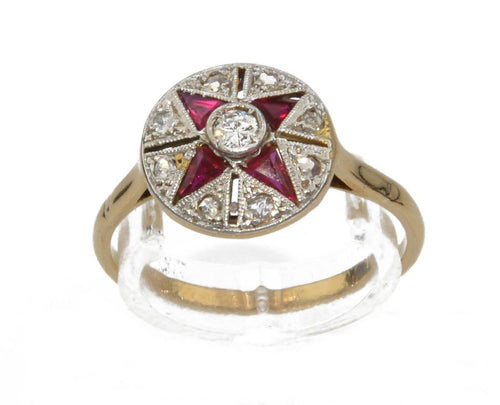 Bague ancienne ronde diamant et pierres rouges - adalgyseboutique