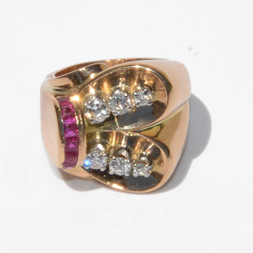 Bague tank or jaune diamant et rubis
