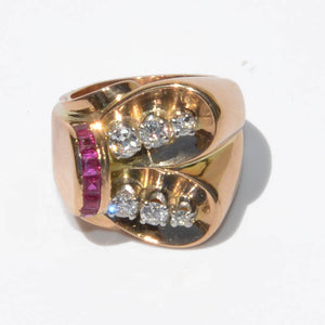 Bague tank or jaune diamant et rubis