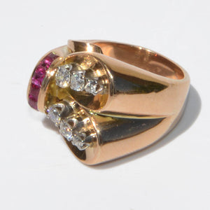 Bague tank or jaune diamant et rubis