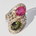 Bague cocktail toi et moi ,en or jaune et gris sertie de tourmalines