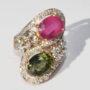 Bague cocktail toi et moi ,en or jaune et gris sertie de tourmalines