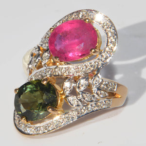 Bague cocktail toi et moi ,en or jaune et gris sertie de tourmalines