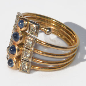 Bague or jaune 1910 en saphirs cabochons et diamants