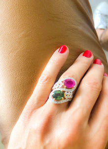 Bague cocktail toi et moi ,en or jaune et gris sertie de tourmalines