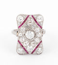 Bague en platine, diamants et rubis rectangulaire