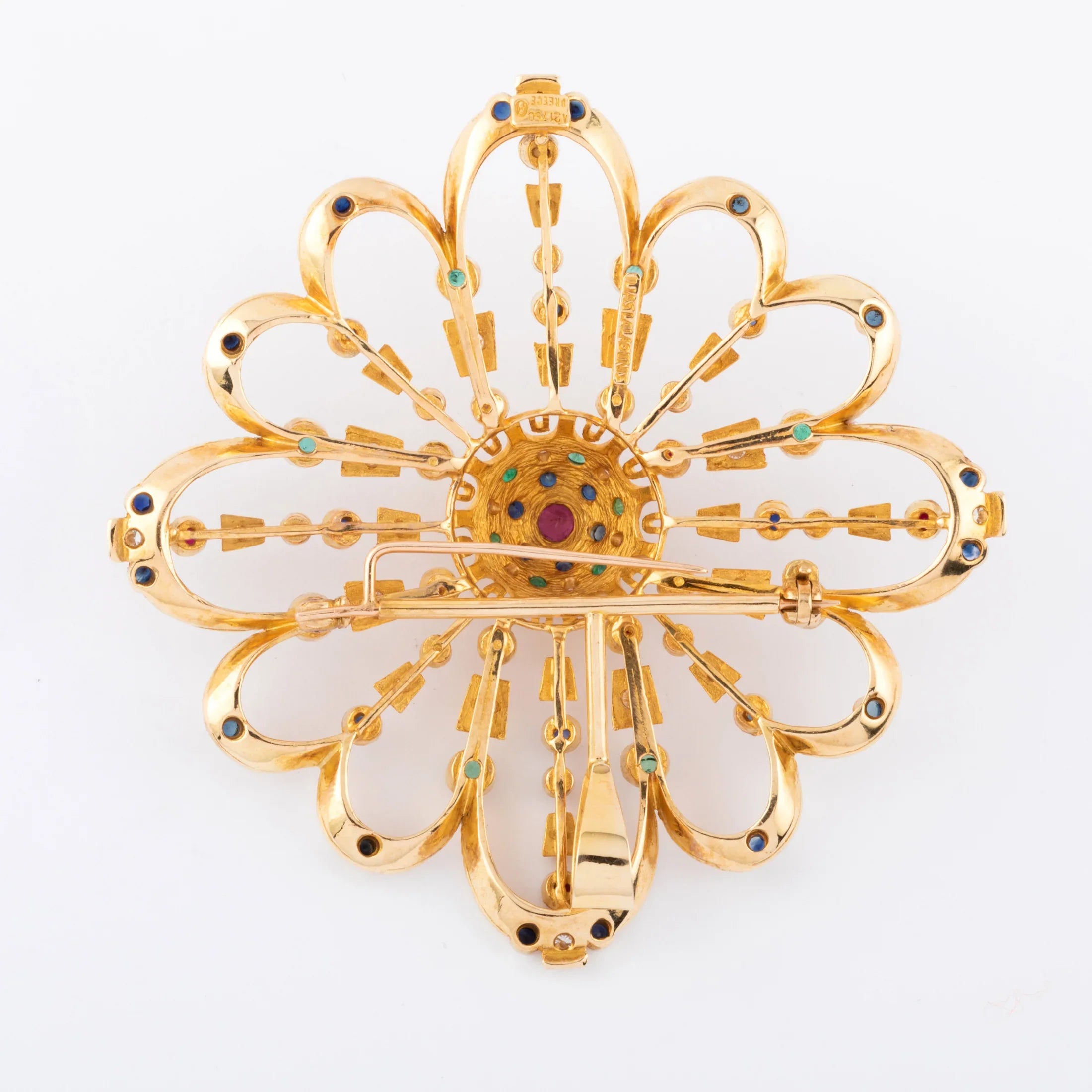 Pendentif et broche or jaune du créateur grec Lalaounis ornée de pierres précieuses